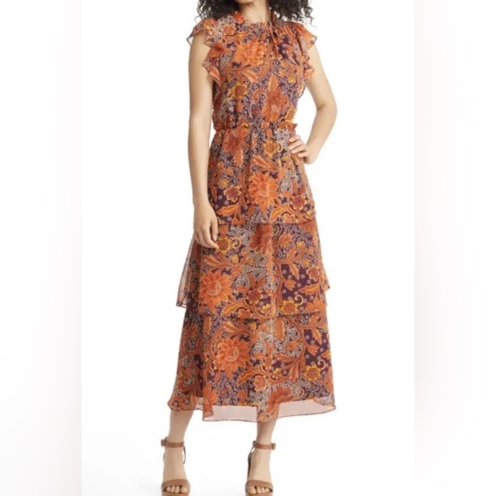Julia Jordan Floral Brown Orange Tiered High Neck Flutter Sleeve MIDI Dress 4